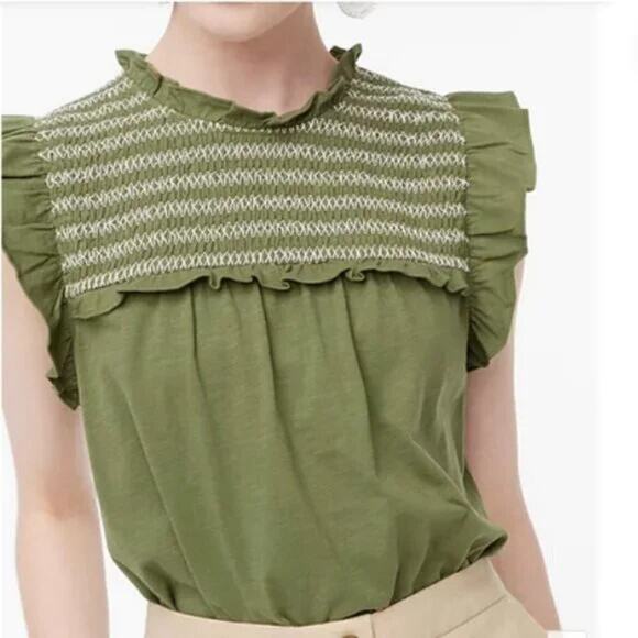 J. Crew Size Small Ruffle Sleeve Smocked Top Green 100% Cotton BQ130 - Picture 1 of 5